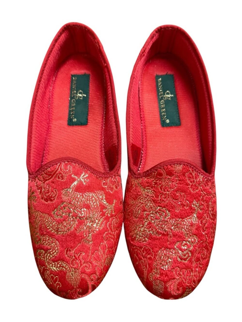 NIB Red Slip-On Slipper Flats with Gold Dragon Embroidery size 5.5